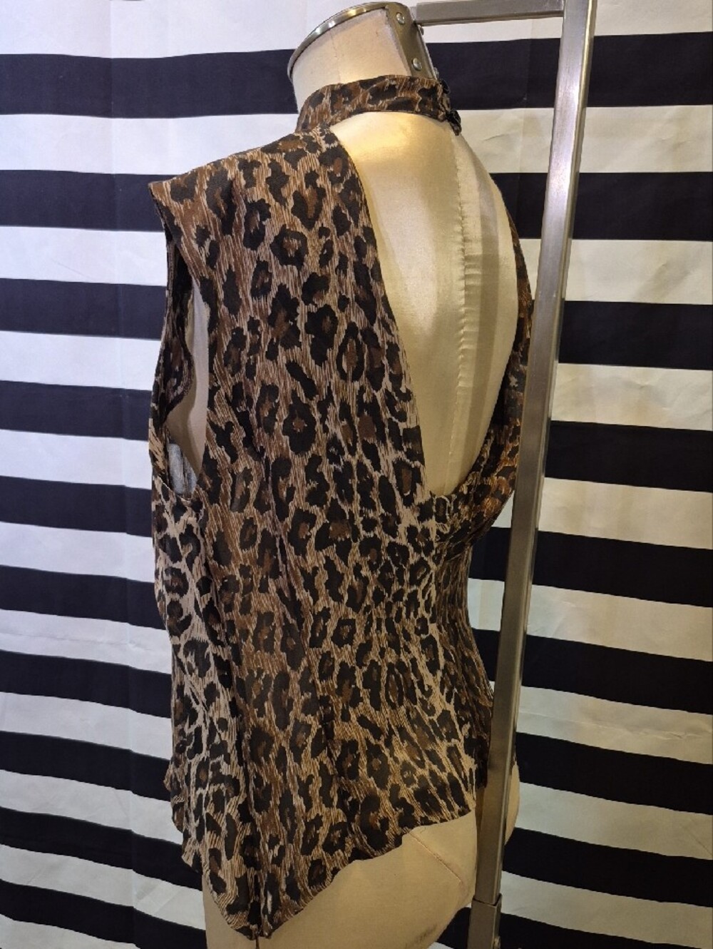 Vintage Sheer Silk Leopard Print Deep Draped V-Back Women's Top